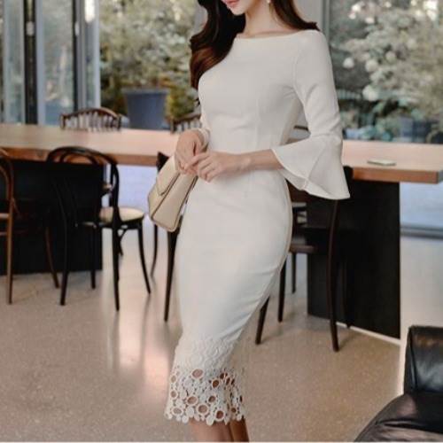 【P2倍&クーポン有】ワンピドレス ベルスリーブ ワンピース 春 秋 ひざ下 ミディアム丈 七分袖 フリル袖 ボートネック ノーカラー 鎖骨きれい タイト 細身...