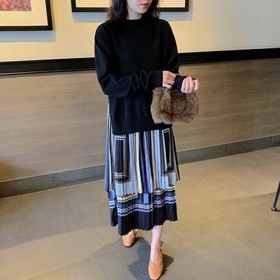 【P2倍&クーポン有】ロングワンピース レディース ロング丈 プリーツスカート 幾何学模様 ラウンドネック ルーズ ゆったりシルエット ブラック 大きいサイズ ...