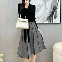 【P2倍&クーポン有】ニットワンピ 切り替えデザイン ワンピース 秋 冬 ひざ丈 長袖 ハイネック フレア Aライン プリーツ リボン ベルト ブラック 黒 無...