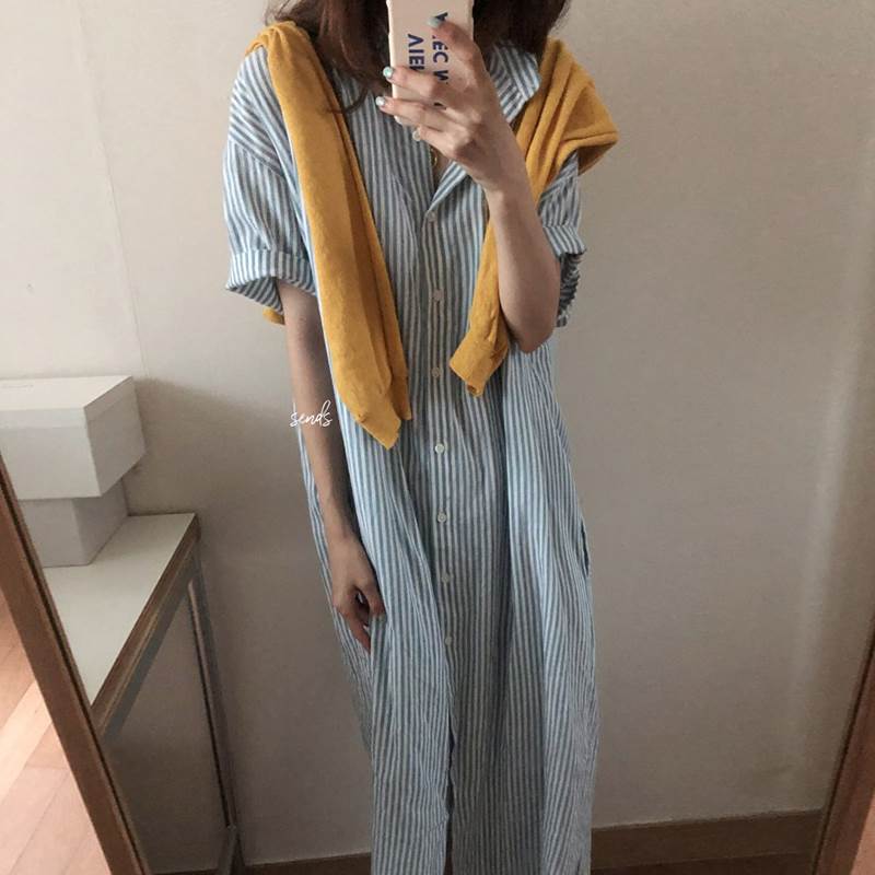 【P2倍&クーポン有】シャツワンピース 襟付き ワンピース 春 夏 ロング丈 アンクル丈 半袖 二の腕カバー ドロップショルダー Iライン ポケット 羽織り 前...