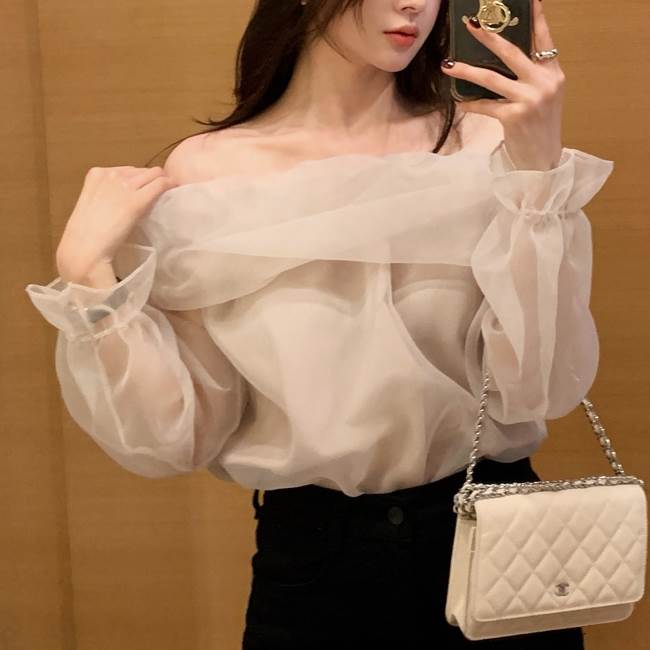 Long-Sleeved - 【P2倍&クーポン有】シャツ シアー袖 トップス 春 秋 普通丈トップス 裾イン 長袖 二の腕カバー ボリューム袖 オフショルダー 鎖骨きれい 肩だし 肌みせ シフォン ふわふわ 透け感 シースルー ブラック 黒 アプリコット 無地 S M L XL LL 薄手 パーティー 式典