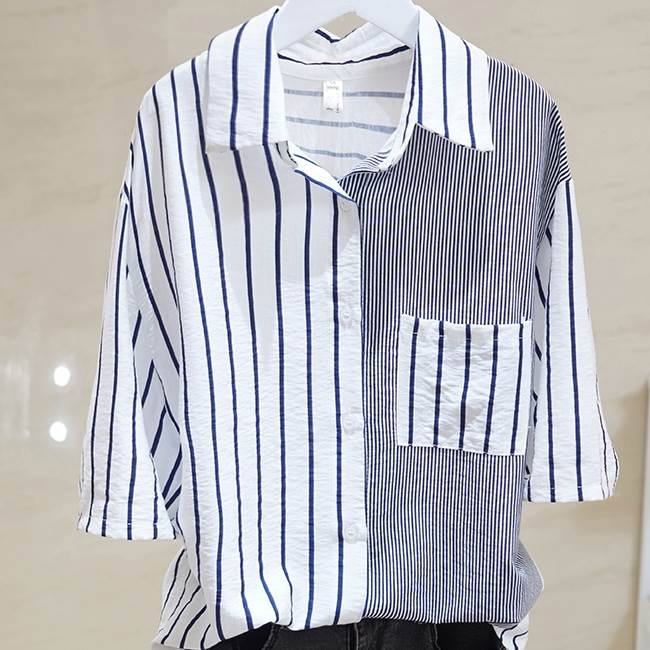 【P2倍&クーポン有】シャツ 柄シャツ ストライプ トップス レディース 個性的 春 夏 お尻カバー 半袖 レギュラーカラー ストレート 羽..