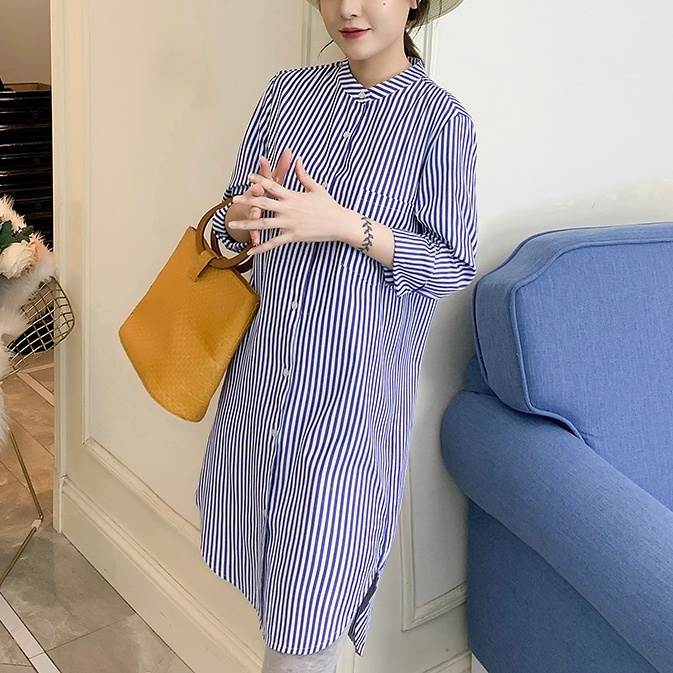 【P2倍&クーポン有】シャツワンピース ストライプ ワンピース レディース シャツ 春 夏 ひざ丈 ミドル丈 お尻カバー 長袖 襟なし ストレート Iライン ポ...