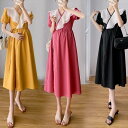 【P2倍&クーポン有】フレアワンピース Vネック ワンピース レディース 個性的 春 夏 ミモレ丈 ミドル丈 半袖 ぽわん袖 襟付き フリルカラー フレア Aラ...