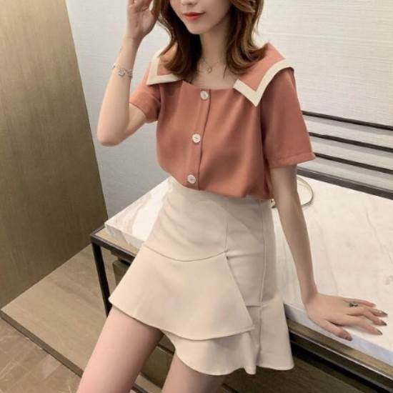 短袖 - 【P2倍&クーポン有】シャツ バイカラー トップス レディース 個性的 春 夏 普通丈トップス 半袖 スクエアネック 襟付き ボタン ブラック 黒 ピンク 無地 サイズ豊富 S M L XL LL 2XL 3L オフィス 学校 レストラン 外出 仕事 1枚で決まる スニーカーコーデ 普段使い