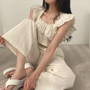 【P2倍&クーポン有】オールインワン フリル袖 レディース 個性的 春 夏 ロング丈 袖なし スクエアネック フリルカラー デコルテきれい フリル ウエストゴム...