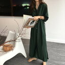 【P2倍&クーポン有】ロング丈 シャツワンピース ワンピース レディース 夏 アンクル丈 お尻カバー ポッコリお腹カバー 七分袖 ふわ袖 Vネック セミフレア ...