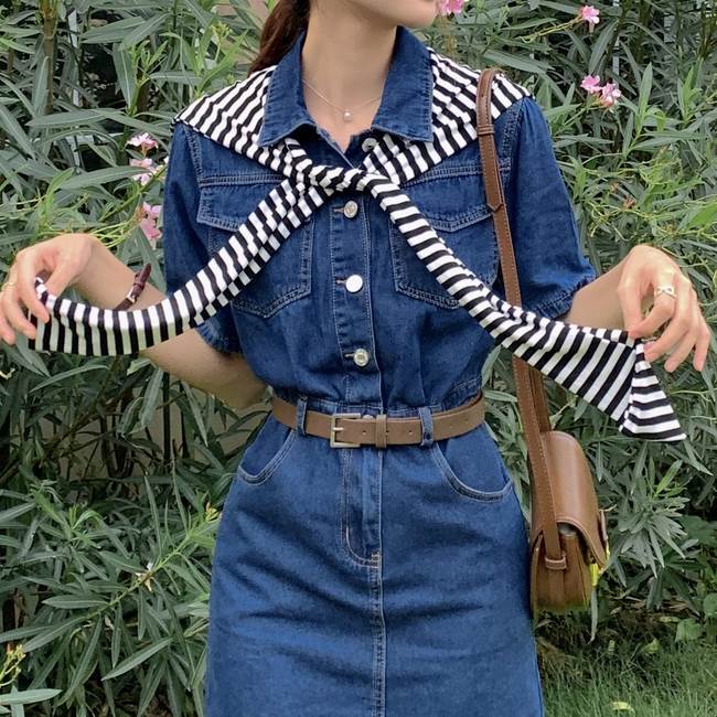 【P2倍&クーポン有】デニムワンピース ワンピース レディース 春 夏 ミニ 半袖 レギュラーカラー スリム タイト 細身 前開き ネイビー 藍色 ブルー 青 ...