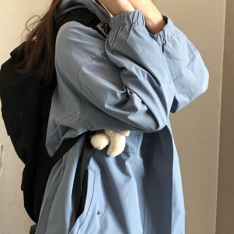BIGシルエット 長袖 ジャケット アウター レディース ブルゾン シャンパー 個性的 秋 冬 ミディアム丈 ボリューム袖 スタンドカラー フード ファスナー ポケット 羽織り 前開き ダボダボ ボタン カラバリあり ブラック ブルー 無地 サイズ豊富 S