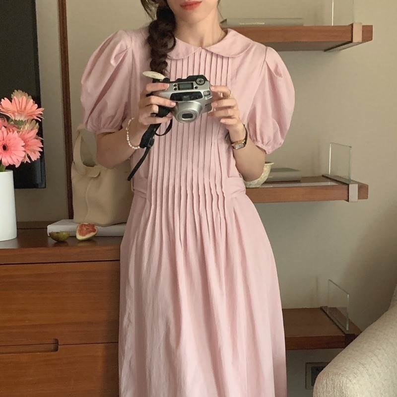 【P2倍&クーポン有】半袖 ミドル丈 ワンピース レディース シャツワンピース 個性的 春 夏 ロング丈 お尻カバー 五分袖 ボリューム袖 パフスリーブ ラウン...