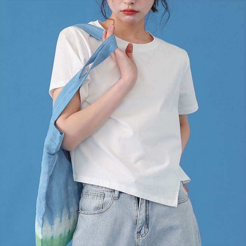 Rakuten - 【P2倍&クーポン有】アシンメトリー ショート丈 クルーネック Tシャツ トップス レディース プルオーバー 個性的 春 夏 短丈トップス 裾イン 半袖 丸首 すっきり ブラック 黒 グレー 灰色 ホワイト 白 ピンク 春カラー 無地 S M L XL LL 大学 バイト セットイン
