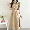 【P2倍&クーポン有】シャツワンピース パフスリーブ ロング丈 半袖 ワンピース レディース フレアワンピース 個性的 春 夏 襟付き レギュラーカラー 前開き...