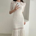 【P2倍&クーポン有】透かし編み ニットワンピ マーメイド ワンピース レディース 個性的 春 夏 秋 ひざ下 ミモレ丈 五分袖 クルーネック 丸首 襟なし ス...