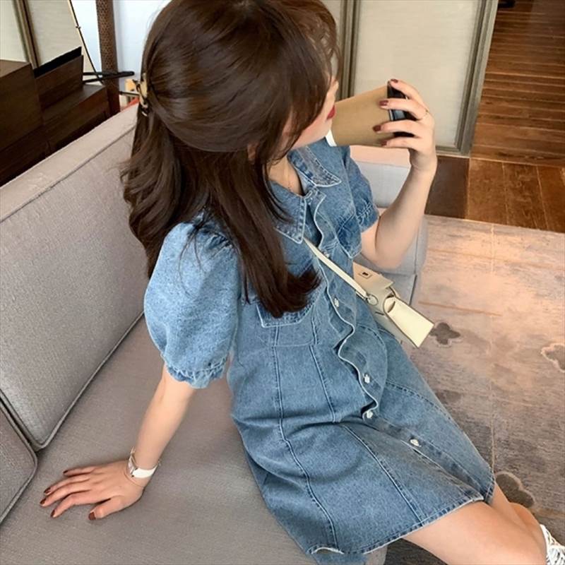 【P2倍&クーポン有】ミニ デニムワンピース 半袖 ワンピース レディース 個性的 春 夏 ひざ上 パフスリーブ 襟付き レギュラーカラー セミフレア スリム ...