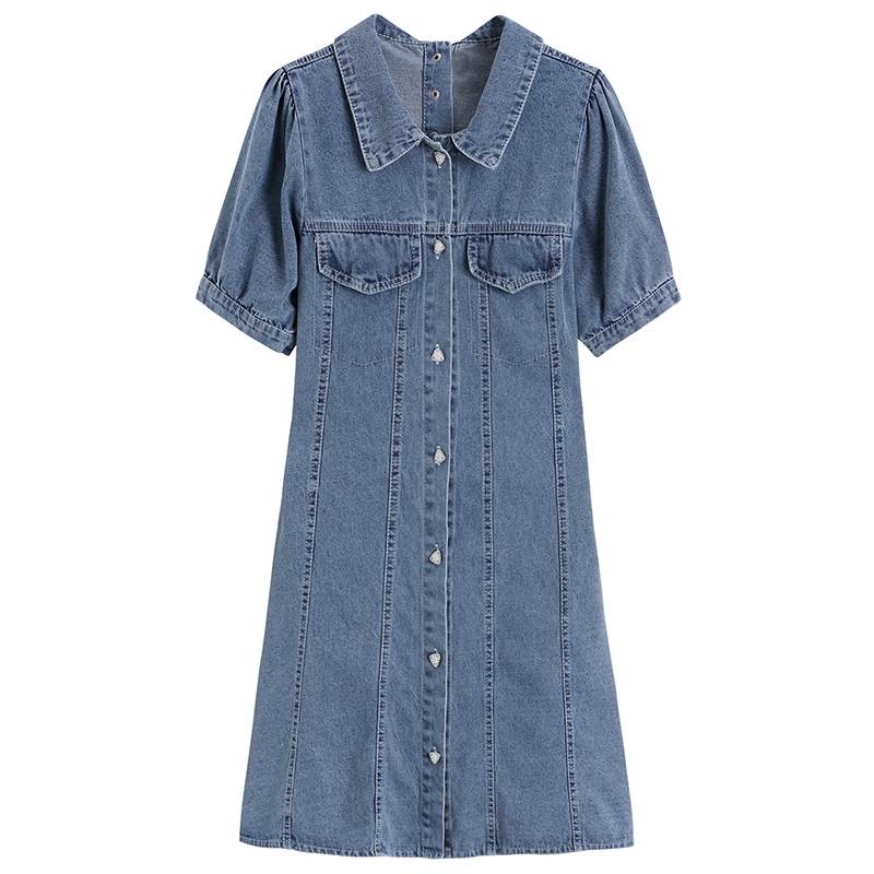 【P2倍&クーポン有】ミニ デニムワンピース 半袖 ワンピース レディース 個性的 春 夏 ひざ上 パフスリーブ 襟付き レギュラーカラー セミフレア スリム 前開き すっきり ボタン ブルー 青 春カラー 無地 S M L XL LL ブルーデニム リゾート 旅行 海 ライブ カラオケ