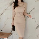 【P2倍&クーポン有】ハイウエスト ワンピース パーティー 食事会 結婚式 二次会 オールシーズン ひざ丈 七分袖 Uネック デコルテきれい スリム タイト サ...