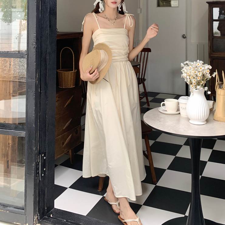 【P2倍&クーポン有】リボン スクエアネック ノースリーブ ワンピース レディース キャミソール フレアワンピース キャミワンピ 個性的 春 夏 ロング丈 お尻...