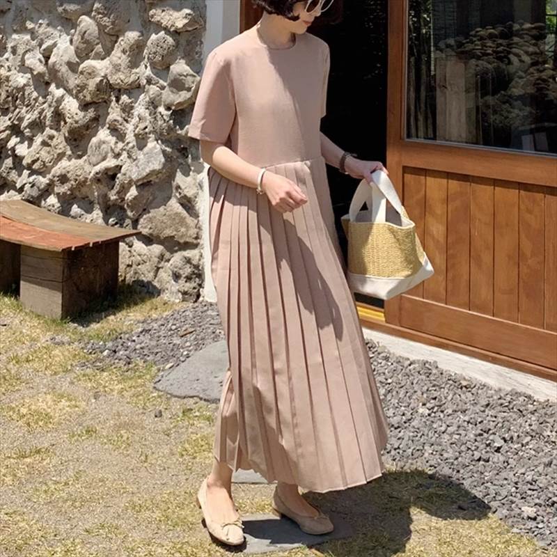 【P2倍&クーポン有】プリーツスカート フレア クルーネック ワンピース レディース フレアワンピース 個性的 春 夏 ロング丈 お尻カバー ポッコリお腹カバー...