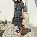 【P2倍&クーポン有】フレア クルーネック 総柄 ワンピース レディース プルオーバー ティアード 個性的 春 夏 ロング丈 お尻カバー ポッコリお腹カバー 半...