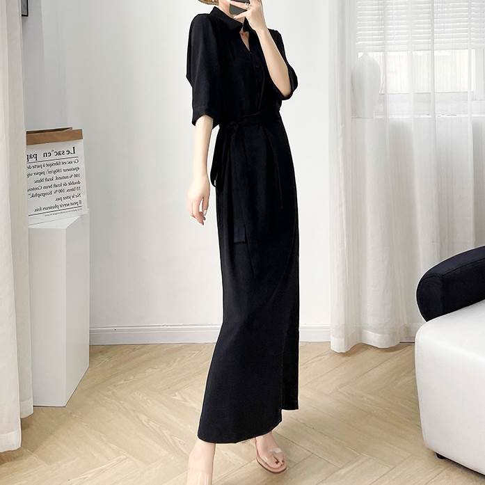 【P2倍&クーポン有】Vネック ポロカラーリボン ワンピース レディース シャツ シャツワンピース 個性的 春 夏 ロング丈 アンクル丈 お尻カバー 五分袖 二...