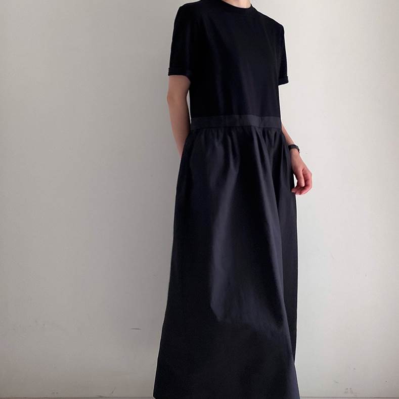 【P2倍&クーポン有】クルーネック ポケット 切り替えデザイン ワンピース レディース Tシャツワンピ 個性的 春 夏 ロング丈 お尻カバー 半袖 二の腕カバー...