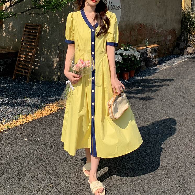 【P2倍&クーポン有】パフスリーブ Vネック フレア ワンピース レディース シャツ シャツワンピース 個性的 春 夏 ロング丈 お尻カバー ポッコリお腹カバー...