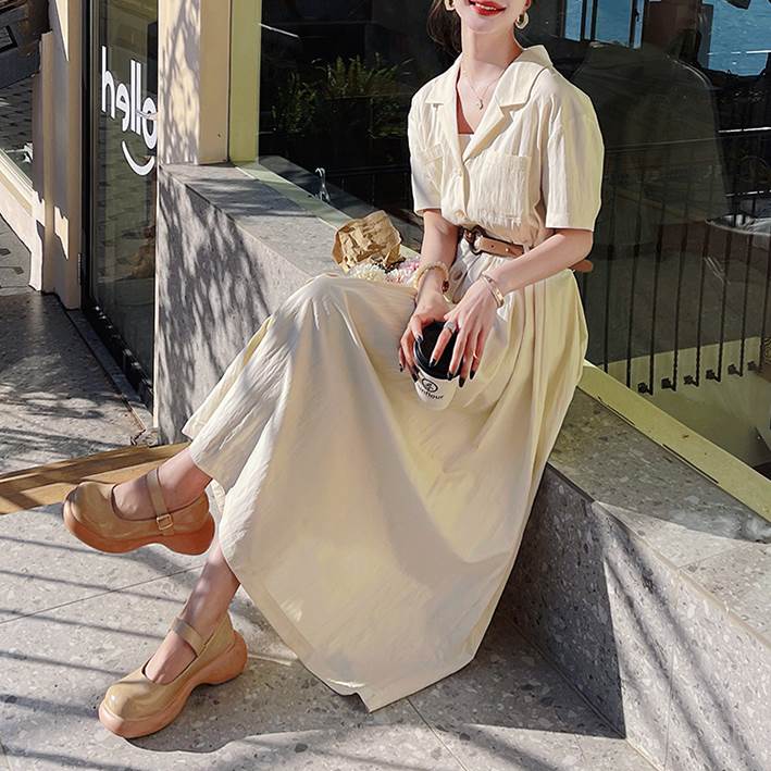 【P2倍&クーポン有】フレア Aライン 切り替えデザイン 前開き ワンピース レディース シャツ シャツワンピース 個性的 春 夏 ロング丈 アンクル丈 お尻カ...