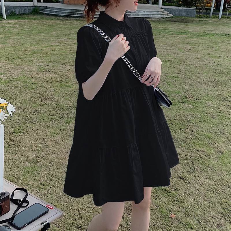 【全品ポイント2倍中!】パフスリーブ 襟付き ワンピース フレア Aライン レディース シャツ ティアード シャツワンピース 個性的 春 夏 ミニ ひざ上 ショート丈 お尻カバー 半袖 二の腕カバー ポロカラー 前開き 透け感 ボタン 立体的 ハリ感 黒 ホワイト 白 緑 ピンク