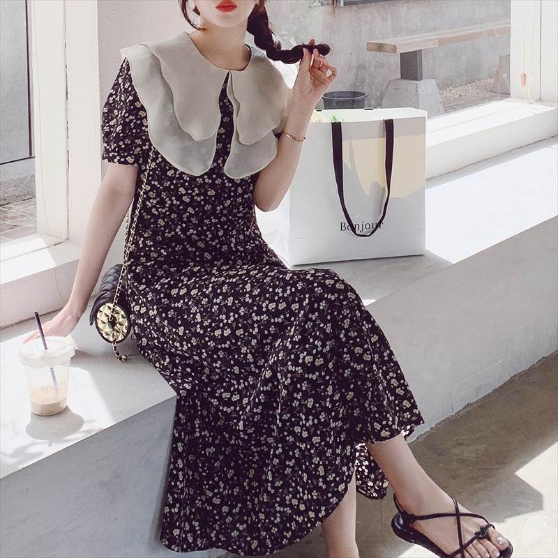 【P2倍&クーポン有】花柄 フラワー 小花柄 パフスリーブ クルーネック ワンピース レディース フレアワンピース 個性的 春 夏 ロング丈 半袖 二の腕カバー...