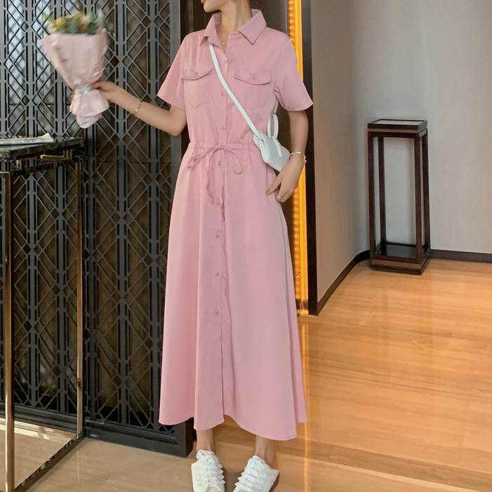 【P2倍&クーポン有】リボン Vネック 襟付き ポロカラー フレア ウエスト ワンピース レディース シャツワンピース 個性的 春 夏 ロング丈 お尻カバー 半...