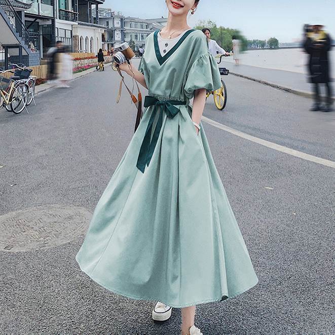 【P2倍&クーポン有】リボン ドロップショルダー クルーネック ワンピース レディース プルオーバー 台形 フレアワンピース 個性的 春 夏 ロング丈 五分袖 ...