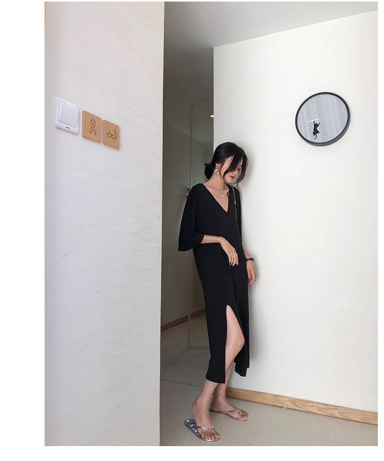 【P2倍&クーポン有】ミモレ丈 シャツワンピース ワンピース レディース 個性的 春 夏 ロング丈 お尻カバー 半袖 七分袖 Vネック 襟なし 鎖骨きれい フレア セミフレア Iライン サイドスリット ブラック 無地 サイズ豊富 L XL LL 2XL 3L 3XL 4L 4XL 5L 薄手 パーティー