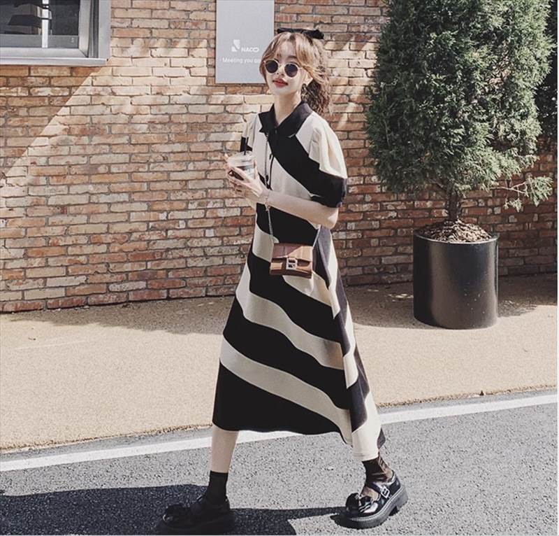 【P2倍&クーポン有】ポロカラー フレアワンピース ワンピース レディース ロジスワンピ 個性的 春 夏 ミモレ丈 ロング丈 お尻カバー 半袖 五分袖 バルーン...