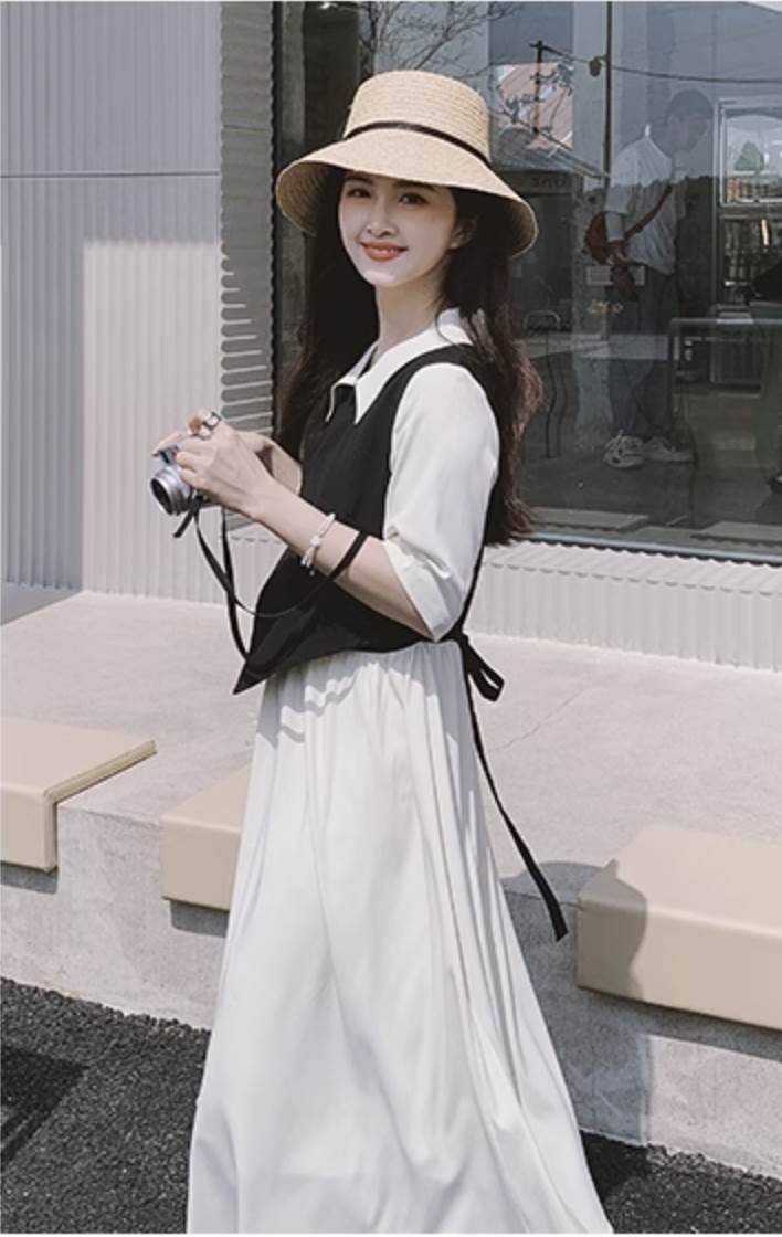 【P2倍&クーポン有】Vネック 襟付き シャツワンピース ワンピース レディース ギャザー 個性的 春 夏 ミモレ丈 ロング丈 お尻カバー 五分袖 二の腕カバーセミフレア Aライン アシンメトリー ドッキング 切り替えデザイン ハイウエスト リボン バックコン