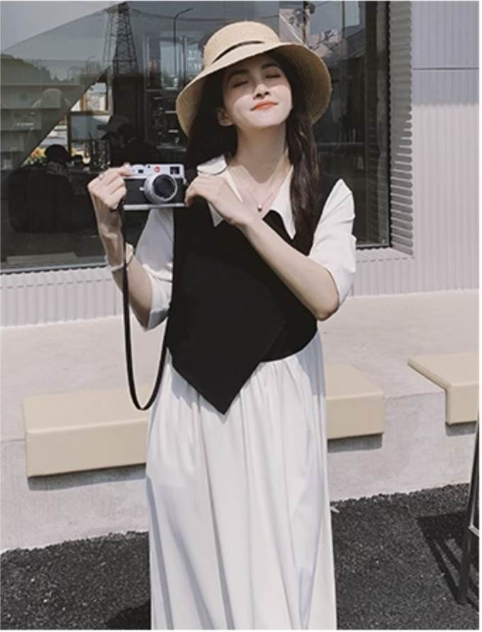 【P2倍&クーポン有】Vネック 襟付き シャツワンピース ワンピース レディース ギャザー 個性的 春 夏 ミモレ丈 ロング丈 お尻カバー 五分袖 二の腕カバーセミフレア Aライン アシンメトリー ドッキング 切り替えデザイン ハイウエスト リボン バックコン