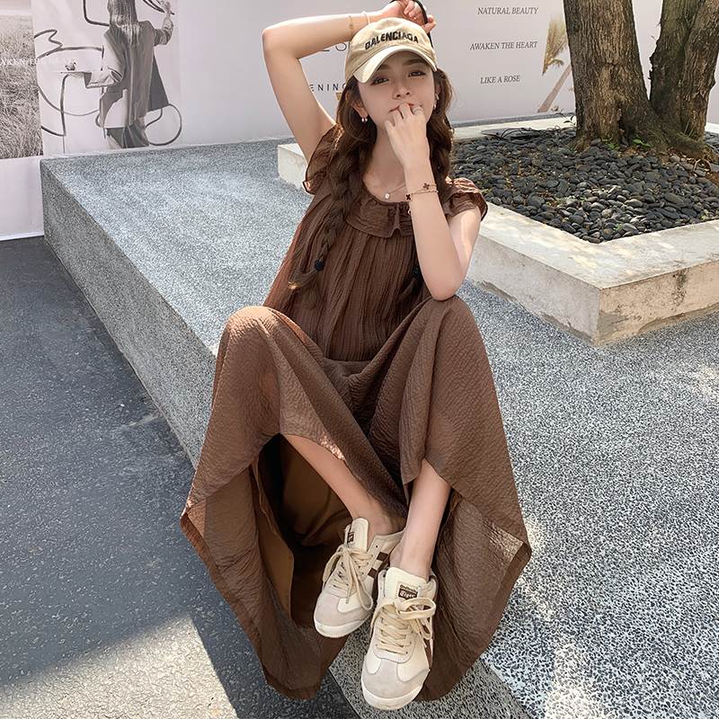 【P2倍&クーポン有】ロング丈 オールインワン ボトムス サロペット レディース ガウチョ ワイド ノースリーブ 個性的 春 夏 マキシ丈 裾ワイド 袖なし フリル袖 ラウンドネック 鎖骨きれい フレア セミフレア Aライン ハイウエスト バックコンシャス 伸縮性 ブラウン