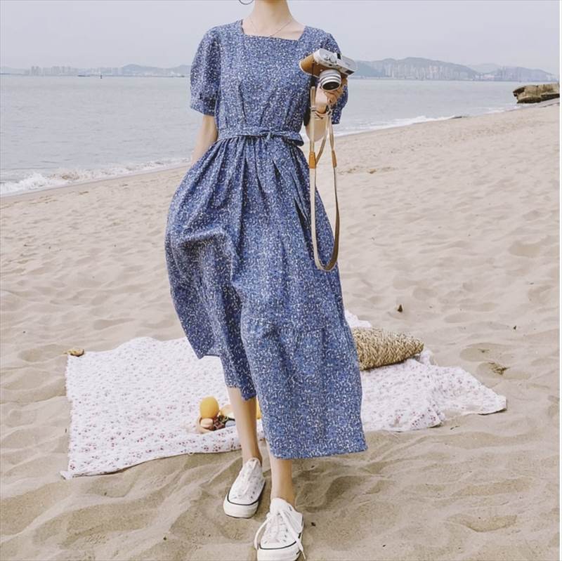 【P2倍&クーポン有】スクエアネック シャツワンピース ワンピース レディース 個性的 春 夏 ミモレ丈 ロング丈 お尻カバー 五分袖 二の腕カバー バルーン袖...