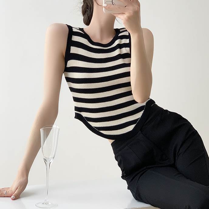 【本日20％クーポン有】ノースリーブ カットソー トップス レディース 個性的 春 夏 ショート丈 袖なし 腕出し ラウンドネック 襟なし ボーダー フリーサイズ 薄手 学校 イベント リゾート 旅行 海 1枚で決まる 重ね着しやすい スニーカーコーデ 普段使い 楽ちん 細見えのサムネイル