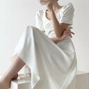 【P2倍&クーポン有】スリム ホワイト ワンピドレス ワンピース レディース 個性的 春 夏 ひざ下 ミモレ丈 お尻カバー 五分袖 二の腕カバー スクエアネック...