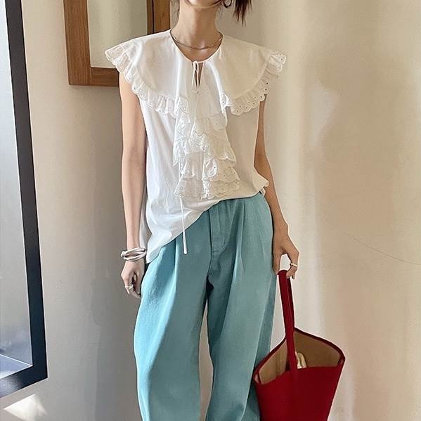 【P2倍&クーポン有】ケープ襟 ブラウス トップス レディース 個性的 春 夏 裾イン 半袖 フリル袖 腕出し ラウンドネック 襟付き 大きな襟 レース 刺繍 フリル ブラック ホワイト 無地 ゆったり フリーサイズ 薄手 学校 リゾート 旅行 レストラン 体型カバー 1枚のサムネイル