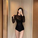 【P2倍&クーポン有】個性的 夏 切り替えデザイン 透け感 シースルー シアー 無地 女っぽ 水着 レディース ワンピース 三角ビキニ パッド付き 長袖 バックシャン セット ツーピース かわいい 大人可愛い きれいめ ゴージャス 大人っぽい 無地 M L XL スリム ブラック 黒
