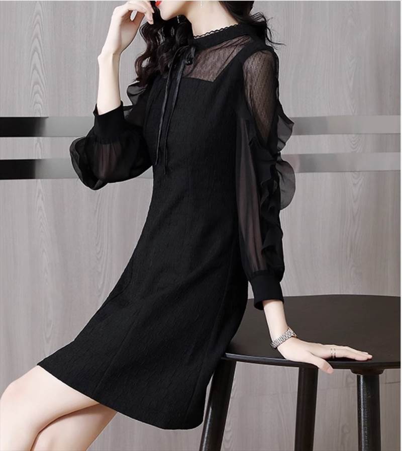 【P2倍&クーポン有】ショート丈 シフォン ワンピドレス ワンピース レディース 個性的 春 夏 秋 ミニ ひざ上 長袖 二の腕カバー レース袖 スタンドカラー...