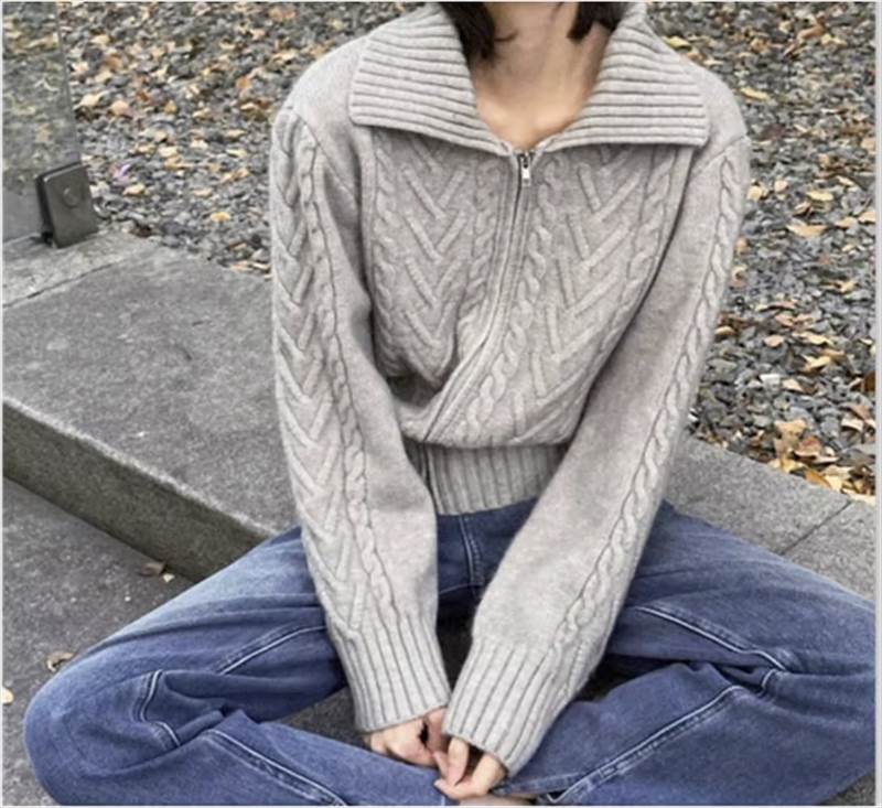 【P2倍&クーポン有】ビッグカラー ニット カーディガン トップス レディース セーター 上着 パーカー 個性的 秋 冬 ショート丈 長袖 二の腕カバー 萌袖 襟付き スリム タイト ファスナー 前開き ケーブルニット 伸縮性 グレー 無地 サイズ豊富 S M L XL LL 2XL 3L 3XL