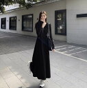 【P2倍&クーポン有】マキシ丈 スウェットワンピ ワンピース レディース 個性的 春 秋 冬 ロング丈 長袖 萌袖 Vネック 襟なし セミフレア スリム 細身 ...