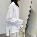 【P2倍&クーポン有】BIGシルエット 長袖 白シャツ トップス レディース シャツ カットソー トレーナー ロンT 個性的 春 夏 秋 お尻カバー 裾ワイド 萌袖 クルーネック 丸首 Uネック 襟なし フレア セミフレア ストレート アシンメトリー サイドスリット 伸縮性
