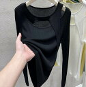 【P2倍&クーポン有】オフショルダー カットソー トップス レディース ニット プルオーバー チュニック 個性的 春 夏 秋 裾イン 長袖 萌袖 ラウンドネック 襟なし スリム タイト 細身 ストレート 透け感 シースルー 伸縮性 カラバリあり ブラック 灰色 ホワイト