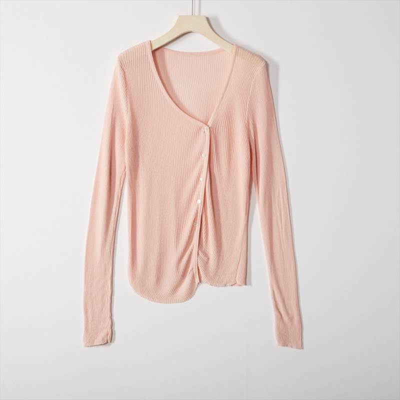【P2倍&クーポン有】アシンメトリー 長袖 カーディガン トップス レディース 個性的 春 秋 ミドル丈 萌袖 Vネック 襟なし 鎖骨きれい 前開き 伸縮性 ボタン カラバリあり グリーン ピンク 無地 フリーサイズ 薄手 学校 旅行 ガーデン 普段使い 若見え 高見え 着回し