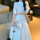 【P2倍&クーポン有】シャツワンピース ハイウエスト ワンピース レディース ティアード 個性的 春 夏 秋 ミモレ丈 ロング丈 五分袖 クルーネック レギュラ...