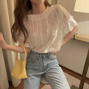 【P2倍&クーポン有】シアーシャツ トップス レディース シャツ 個性的 春 夏 普通丈トップス 半袖 クルーネック 丸首 襟なし チュール シフォン ふわふわ 透け感 ブラック 黒 ホワイト 白 無地 S M L XL 異素材MIX 薄手 しわ感 オフィス リゾート 旅行 レストラン