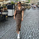 【P2倍&クーポン有】ニットワンピ Vネック ワンピース レディース 春 夏 秋 ロング丈 半袖 襟付き デコルテきれい 鎖骨きれい タイト 細身 サイドスリッ...